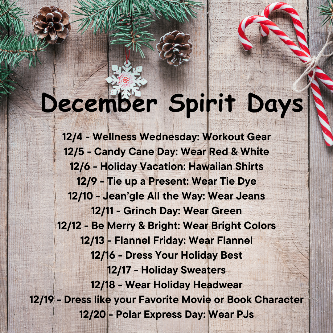 December Spirit Days & Events Calendar